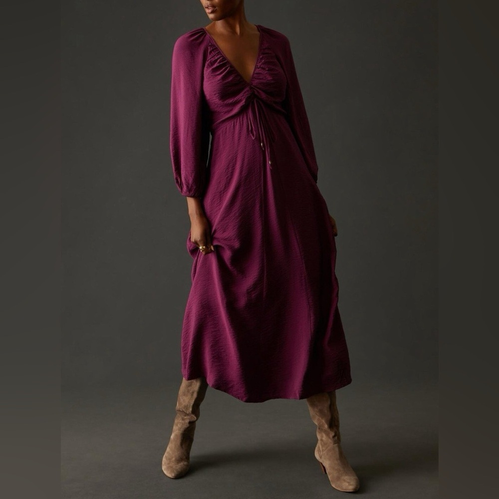 Maeve Plum Midi Dress with Long Sleeves